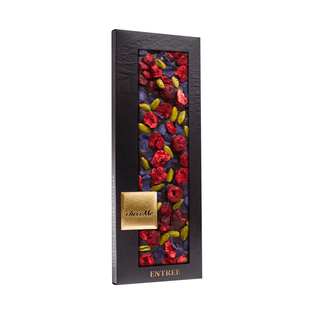 Cioccolato Fondente - Petali di viola, Pistacchio , Ciliegie